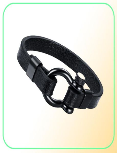 Bracelet en cuir pour hommes à vis en acier inoxydable Ancla Shackles en noir bracelet de surfeur marin nautique bracelet bijoux masculins 4064407