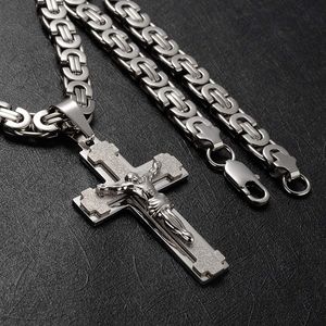 Mens RVS Zilver Jesus Cross Hanger Ketting Armband Set Sieraden 55cm/60cm, ketting breedte 8mm