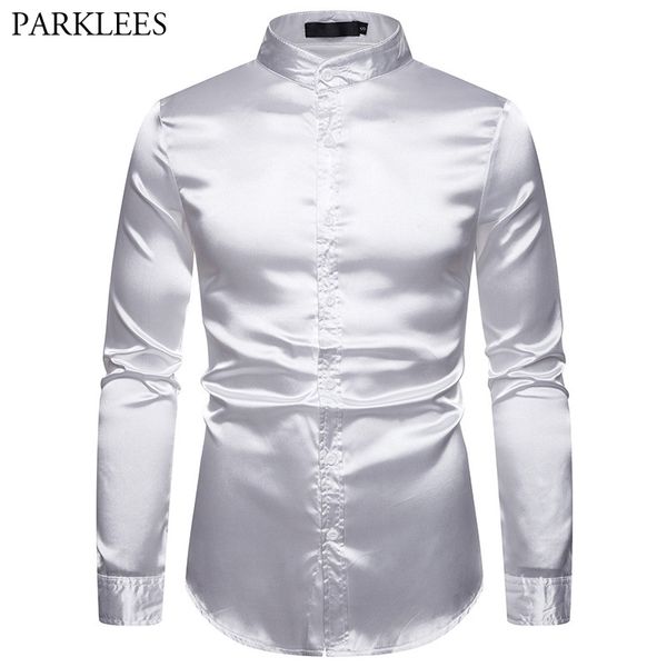 Chemise habillée de luxe en satin de soie à col montant pour hommes Automne Coupe régulière à manches longues Années 70 Danse Prom Chemise Blanc 210522