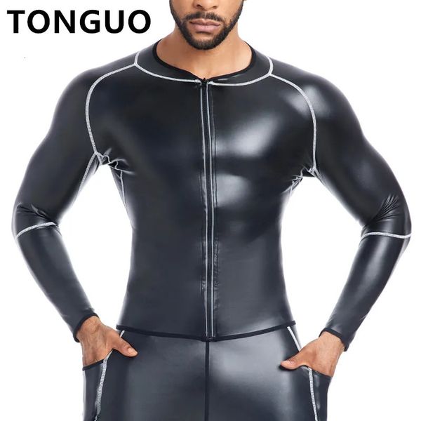 T-shirt à col montant pour hommes Faux cuir Hauts à manches longues Chemise amincissante Body Shapers Taille Entraîneur Épissage blanc Vestes en cuir 240220