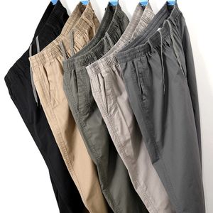 Pantalon cargo droit des hommes pantalon décontracté monochromatique plus taille m-6xl taille élastique 100% coton neuvième pantalon 240408