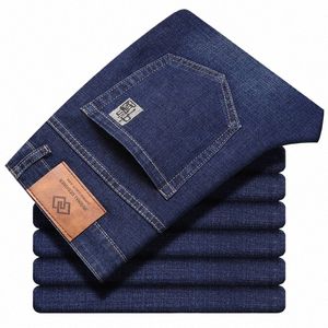 Hommes coupe droite broderie jean Fi élastique décontracté Busin Denim pantalon taille moyenne noir bleu polyvalent Denim pantalon O0p5 #