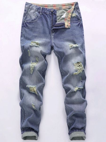 Pantalon droit en Denim pour hommes, en coton non extensible, décontracté, à la mode, déchiré, effiloché, délavé à l'eau de Javel, avec bloc de couleurs, 240125