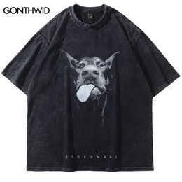 Mens Street Clothing Hip-Hop Camiseta de gran tamaño Dubin Dubin Dog Camiseta Gráfica Retro Wash Black Camiseta Harajuku Algodón 240426