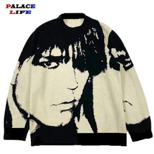 Mens streetwear harajuku suéter vintage retro estilo japonés anime retrato impresión suéter de punto otoño algodón jersey 220819