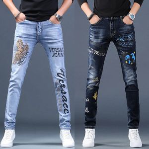 Pantalon imprimé denim extensible pour hommes, jeans coréens amincissants, tendance, décontractés, légers et de luxe, assortis avec tout.240122