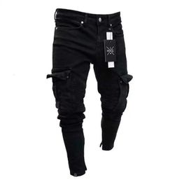 Heren stretchjeans zwart grote zijzakken cargo mode rits kleine voet denim broek elastische joggingbroek streetwear 240102