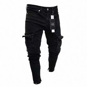 Jeans extensibles pour hommes Noir Grandes poches latérales Jeans cargo Fi Zipper Petit pantalon en jean Pantalon de jogging élastique Streetwear a4Qw #