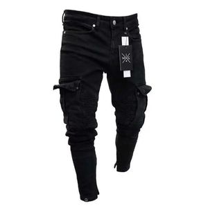 Stretchjeans voor heren, zwarte grote zijzakken, cargo-jeans, mode-rits, denimbroek met kleine voet, elastische joggingbroek, streetwear 231220
