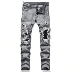 Heren stretch denim jeans streetwear scheuren patchwork gaten gescheurde elastische taille casual broek slim fit rechte broek