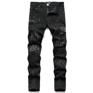 Jean extensible déchiré à rivets pour hommes, nouveau petit pantalon droit en Denim à trous noirs, Style Punk, mode décontractée, streetwear 255Q