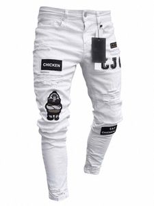 Hommes Stretchy Ripped Skinny Brodé Jeans Pantalon blanc pour hommes Trou détruit Slim Fit Denim Haute Qualité Hip Hop Pantalons pour hommes c9jK #