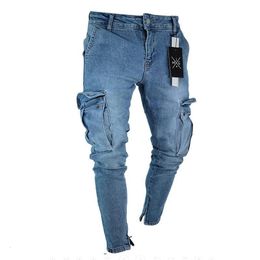 Hommes extensible maigre déchiré jean hommes poche latérale lavé mince Denim pantalon Biker mode pantalons de survêtement Hip Hop pantalon Jogger 240113