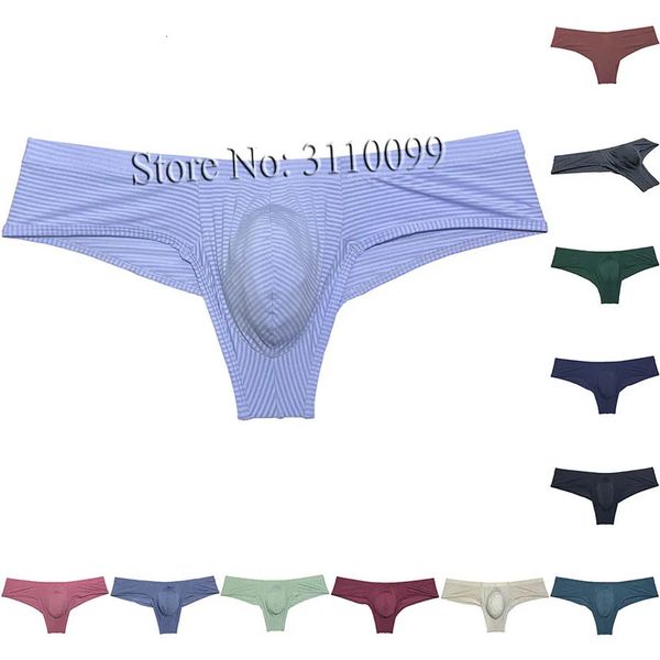 Boxer bikini en soie glacée fine à rayures pour hommes, sous-vêtements à poche améliorée, 240116