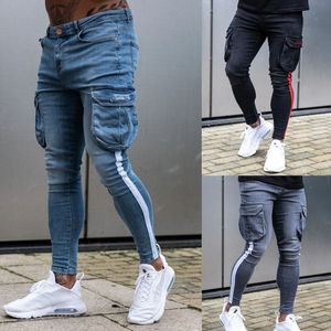 Hommes rayé Safari Style Marque Noir Jeans Skinny Déchiré Détruit Stretch Slim multi-poches Pantalon Avec Trous Hommes Jeans