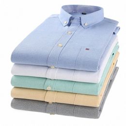Chemises à rayures pour hommes 100% Cott Oxford Lg manches Plaid couleur unie chemises décontractées pour Busin hommes usage quotidien Camisas Hombre 07cg #