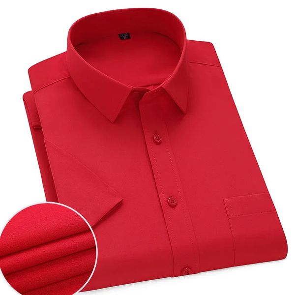 Hommes rayé solide à manches courtes chemise d'été de base affaires ajustées rouge sergé robe unie fête sociale bureau mariage vêtements pour hommes 240219