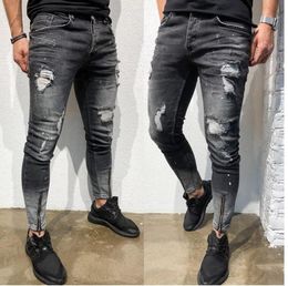 Hommes élégant déchiré Skinny Slim Jeans créateur de mode lavé fermeture éclair lambrissé Biker droit effiloché Stretch Denim pantalon Streetwear9055863