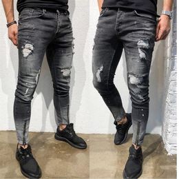 Mens Stijlvol gescheurde Skinny Slim Jeans Fashion Designer gewassen ritswam met rits met panel Rechte gerafeld stretch denim broek streetwear331e