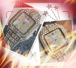 Heren Stijlvol vierkante gezicht Quartz Batterij Horloges Starry Diamonds Ring Dag datum 3 PINS Design Roestvrij stalen staal Brap -armband Groothandel Mannelijke geschenken Polmarkt