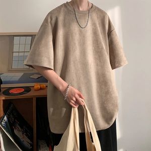 Mens suede korte mouw t -shirt vintage losse t -shirts vrouwen casual oversized t shirt o nek retro harajuku tops tees 240403