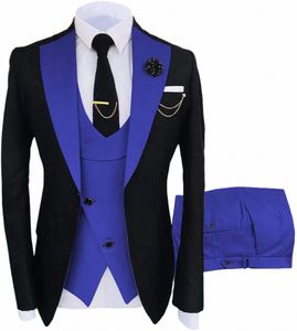 Costume pour hommes 3 pièces formel Fi solide couleur unie Tuxedos veste de mariage marié marine BurdyBlazer + gilet + pantalon c60c #