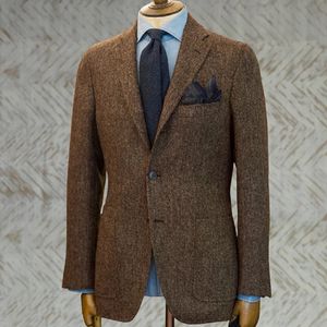 Herenpak Brown Blazer Prom Tuxedos Herringband Wol Tweed Single Breasted Formal Bussiness Jacket voor Huwelijksonly jas 240329