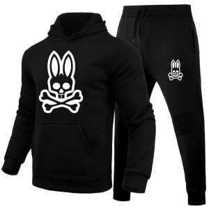 Costume pour homme Mode Micro Label Ghost Rabbit Print Sweat à capuche + Pantalon de survêtement Costume de jogging en plein air Hiver Polaire Chaud 2 pièces Ensemble Disponible en plusieurs couleurs et tailles S-3XL