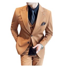 Ensemble de costume pour hommes, col à revers, simple deux boutons, robe formelle de luxe pour marié, couleur unie, costume de haute qualité, ensemble trois pièces