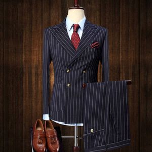 Mens Suits 2 Stuks Vintage Double Breasted Pak Navy Blue Streep Terno Slim Fit Large Rapels Bruiloft Bruidegom Tuxedo Tailcoat Mannen X0909