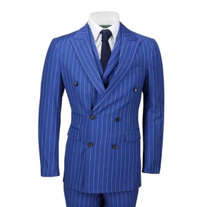 Herenpakken 3-delige dubbele breasted brede krijt streep pak koninklijke blauwe klassieke retro fit bruidegom dragen formele gelegenheid jurk bruiloft smoking tuxedos