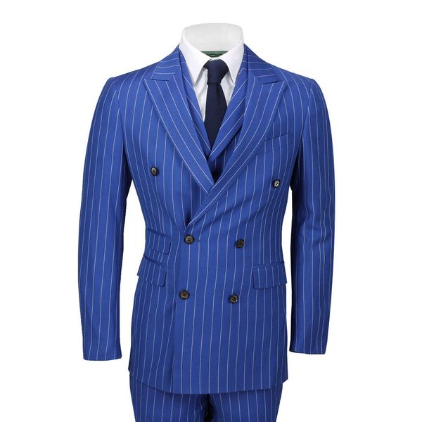 Costumes pour hommes 3 pièces double boutonnage large costume à rayures de craie bleu royal classique rétro coupe marié porter une occasion formelle robe de mariage smokings