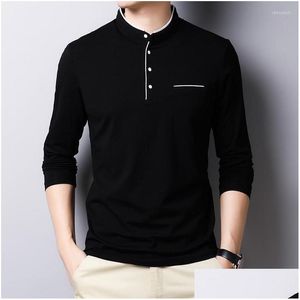 Trajes para hombre Blazers 9494 Primavera Otoño Camiseta Hombres Algodón Manga larga Slim Fit Camiseta Moda Mandarin Collar Color Sólido Tops Tees Dro Otpcm