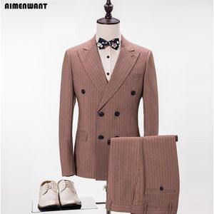 Mens Suits Blazers AIMENWANT personnalisé hommes costume coupe ajustée Double boutonnage marron costume de bal Blazer mode homme dîner robe costumes 3 pièces 230831