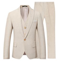 Herenpakken Blazers Beige Ivoor Herenpak Casual Linnen Strand Bruiloft Bruidegom Stijlvol Galajurk Feestkleding 3-deligjasvestbroek 231110