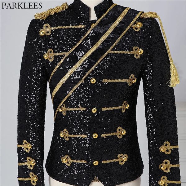 Costumes pour hommes Blazers Noir Paillettes Steampunk Blazer Veste Col Montant Gland Conception Hommes Discothèque Fête Bal Rock and Roll Costumes 3XL 231031