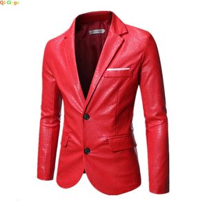 Costumes pour hommes Blazers Veste de costume rouge vif PU Manteaux Mode Vestes en cuir décontractées Noir Kaki Bleu Plus Taille M5XL 6XL Vêtements d'extérieur 231109