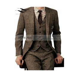 Herenpakken Blazers Bruin Tweed Mannen 3 Stuks Formeel Pak Set Custom GentleMens Bruidegom Trouwjurk Blazer JacketPantsVest 230203