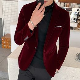 Hommes costumes Blazers bordeaux velours mode décontracté mariage marié chanteur Costume mince formelle robe de soirée M5XL 230209