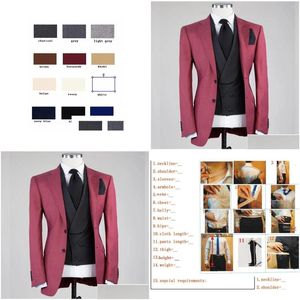 Costumes pour hommes Blazers Business Slim Fit Hommes Veste rouge foncé Pantalon noir Gilet Tuxedos Rétro Terno Mascino Costume de bal Homme Blazer Piece Dhykv {catégorie}