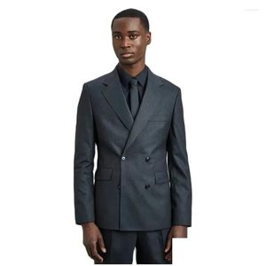 Trajes de hombres traje blazers homme gris oscuro double showed hombres delgados de 2 piezas blazer con pantalones de moda clásica último diseño dhrh6