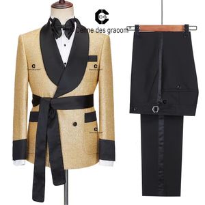 Costumes pour hommes Blazers Costume Homme Jacquard Designs Hommes Costume avec ceinture Slim Fit 2 pièces smoking de mariage sur mesure fête de bal vêtements masculins 230209