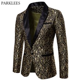 Trajes para hombre Blazers Gold Jacquard Bronzing Floral Blazer Men Brand Mens Patchwork One Button Blazer Jacket Party Stage Singer Costume Homme 230216