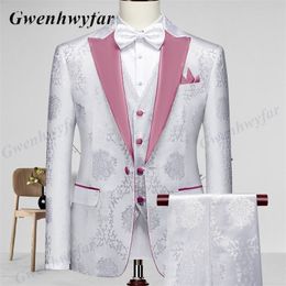 Costumes pour hommes Blazers Gwenhwyfar Tuxedos de mariage de haute qualité Brume Rose Revers Blazer Pantalon Gilet en matériau à motif blanc 230209