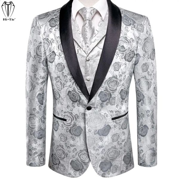 Trajes para hombre Blazers HiTie Gris Plata Traje Chaleco Chal Solapa Esmoquin Chaqueta Vestido Medio Cuello plano Corbata Hanky Puños Boda Negocios 231110