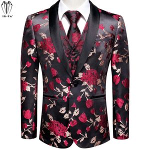 Costumes pour hommes Blazers HiTie Rouge Fleur Costume Gilet Col Châle Smoking Blazer Sans Manches Gilet Cravate Hanky Boutons De Manchette Mâle Marié Danseur Hôte Cadeau 231110