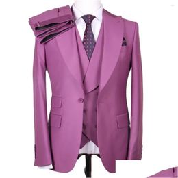 Costumes pour hommes Blazers Italien Violet Blazer Ensemble 3 Pièces Robe Pour Homme Hommes Marié Slim Fit Affaires Élégant Formel Social Vêtements Drop De Ot3Gx