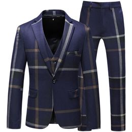 Heren Suits Blazers Jacket Vestbroek Hoogwaardige mode Grid Slim Fit Business Bruidegom Wedding Plaid Coat 3 stuks Sets 220826