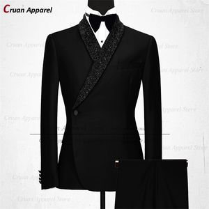 Trajes para hombre Blazers Luxury Formal Black Wedding Men Suit Set Slim Fit Padrinos de boda Novio Tuxedo White Designs Shiny Shawl Lapel Blazer Pantalones 2Pcs 220927