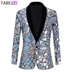 Costumes pour hommes Blazers de luxe Laser Sequin smoking Blazer veste hommes un bouton châle revers robe Costume mâle fête scène bal chanteur Costume Homme 231109